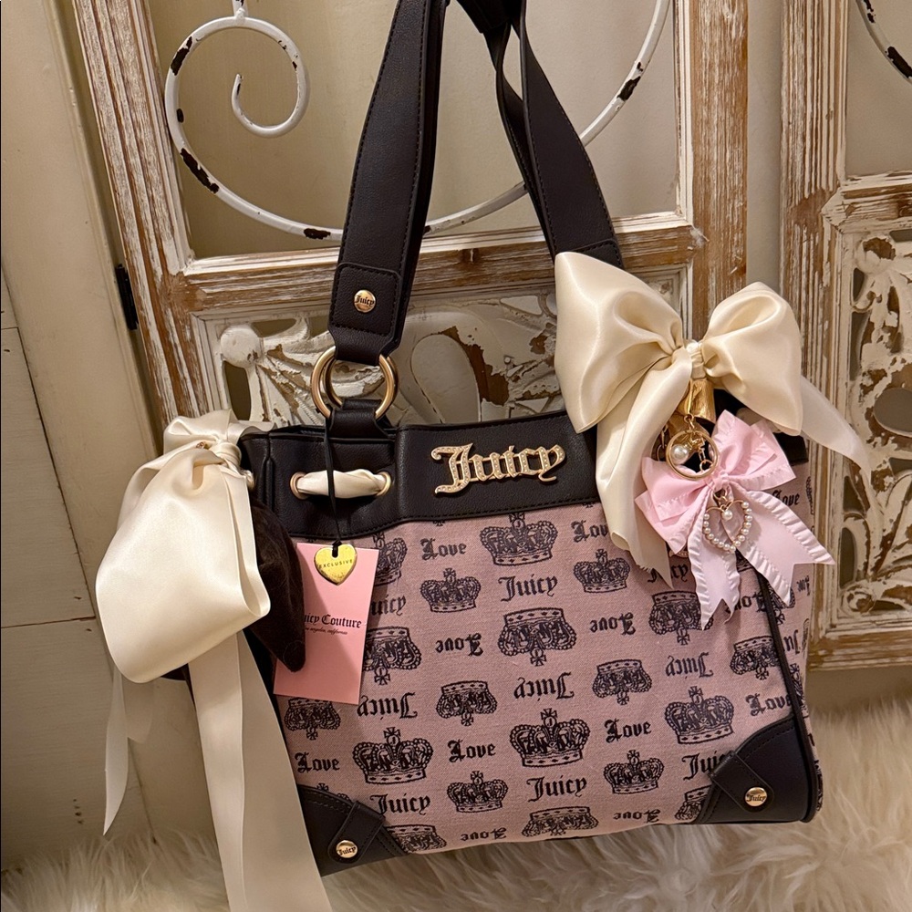 New Vintage Juicy Couture Tote Pink and brown embellished with Bows & Bling💕